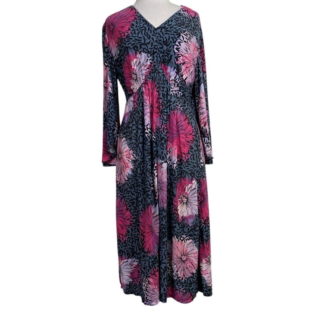 Soma 3/4 sleeve dress L Flora gray background Pink ivory V neck soft